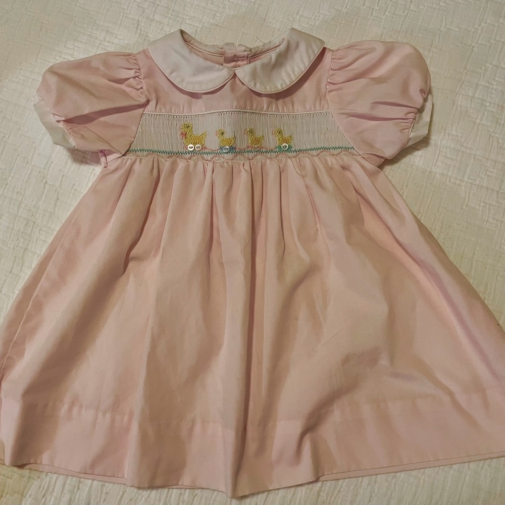 Petit Ami Pink Smocked Dress with Yellow Duck Embroidery